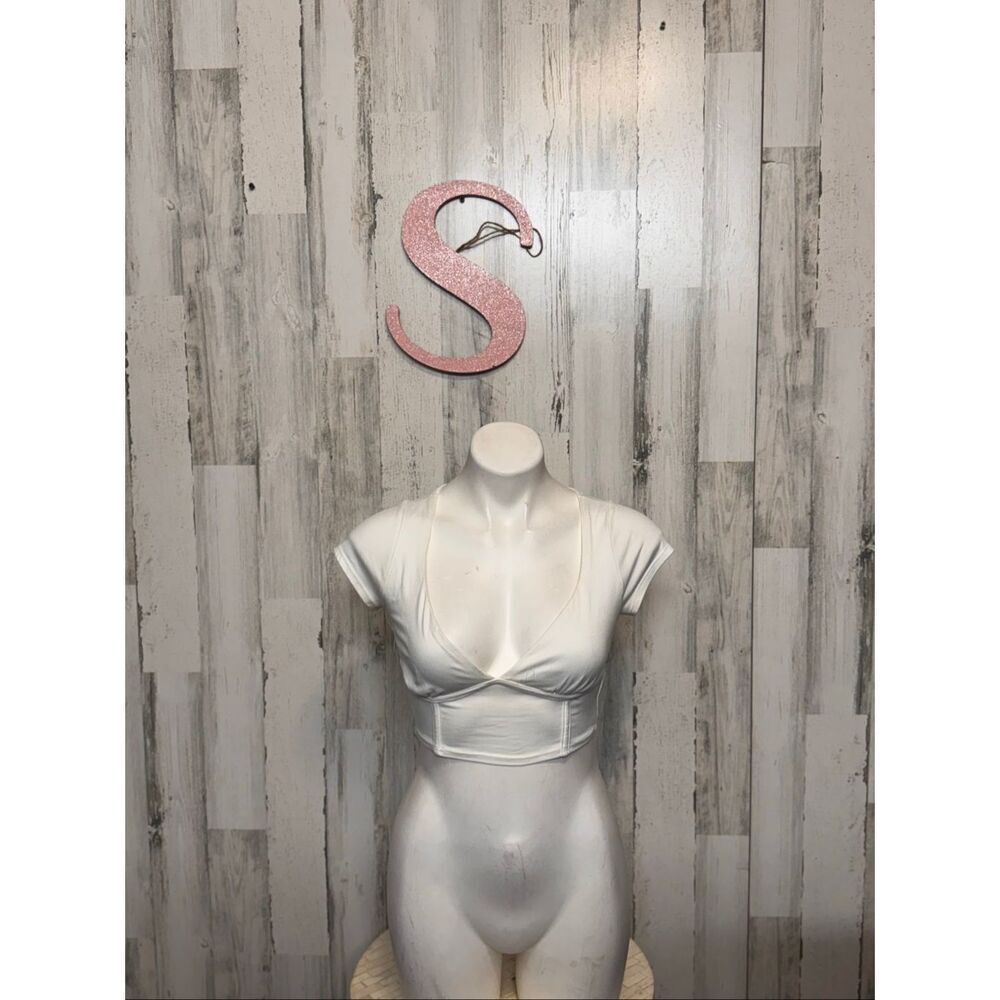 Windsor White Short Sleeve Crop Top Women’s Small V-Neck Stretchy Fitted